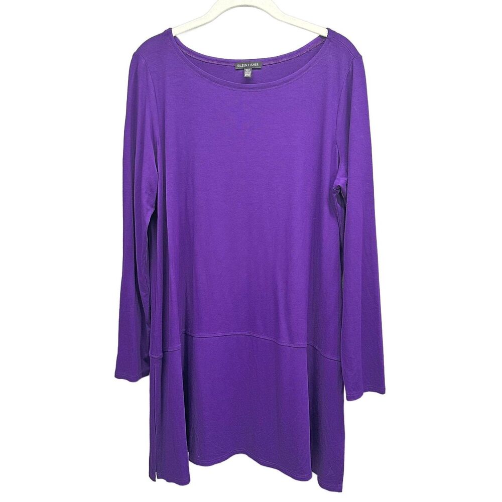 Eileen Fisher Tunic Top XL Purple Viscose Jersey Side Slits Minimalist Lagenlook